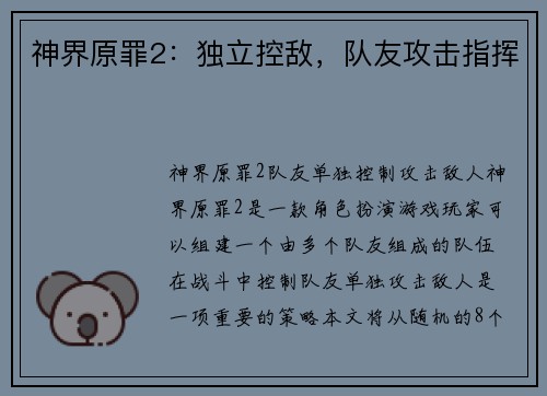 神界原罪2：独立控敌，队友攻击指挥